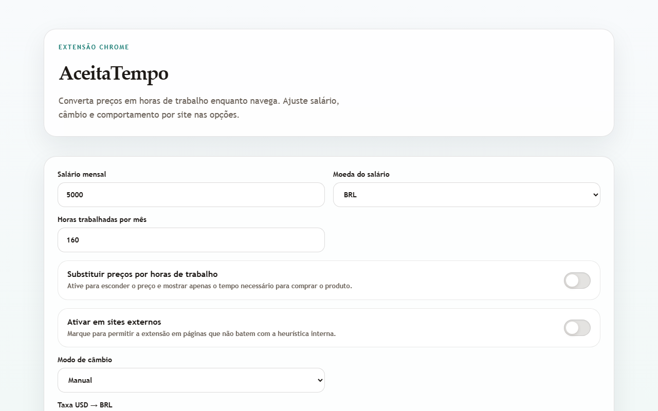 Tela de opções do AceitaTempo com salário, moeda, horas mensais e toggles de configuração