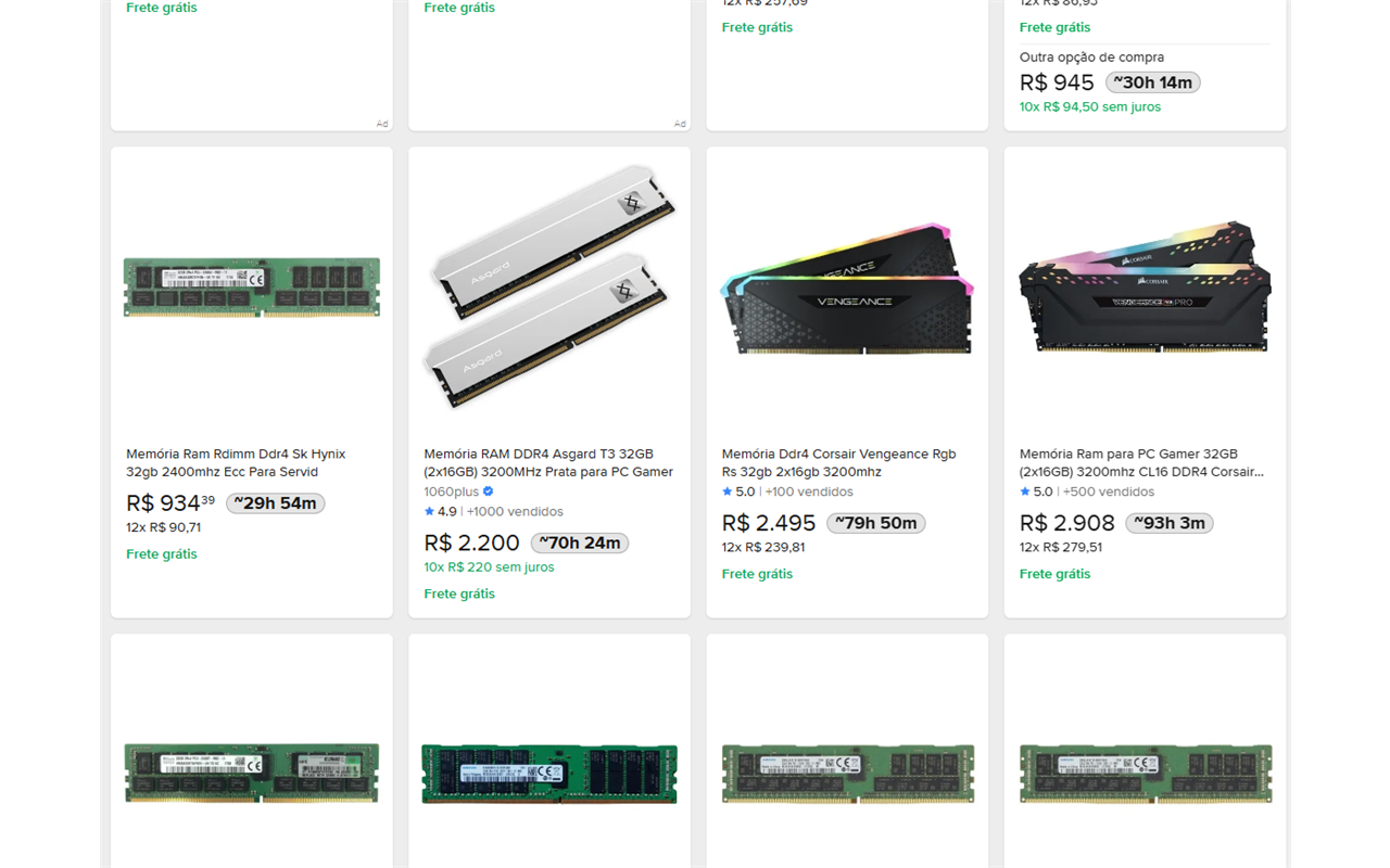 AceitaTempo exibindo badges de horas ao lado de preços em uma listagem de produtos