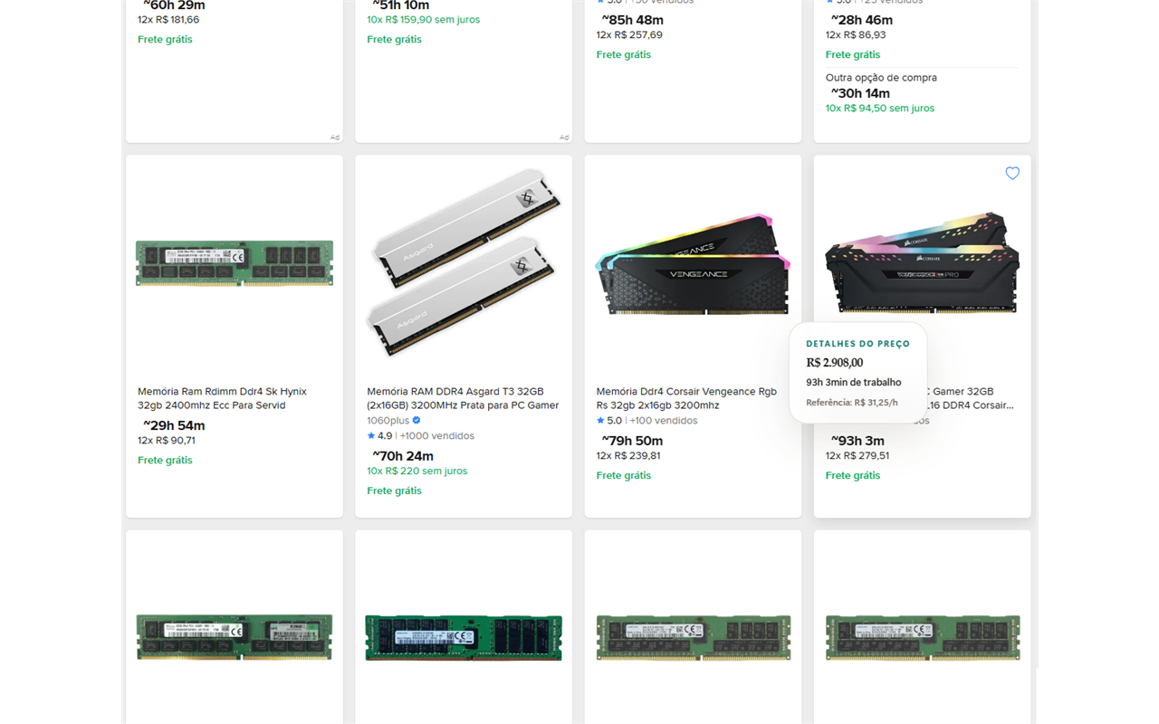 Captura do AceitaTempo exibindo o tempo de trabalho necessário e tooltip de detalhes em uma página de compra